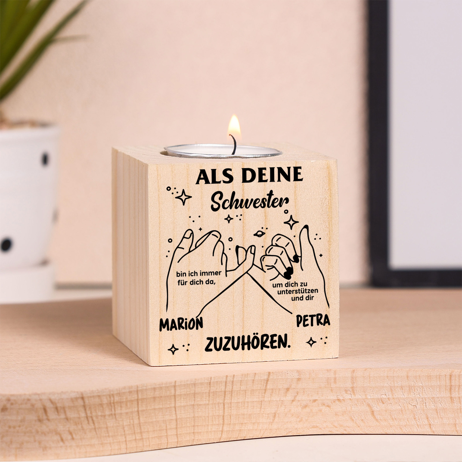 Holz Kompliment Kerzenhalter Personalisierter 2 Namen 1 bedruckte Seite-Als deine Schwester bin ich immer für dich da-Geschenk für Schwester