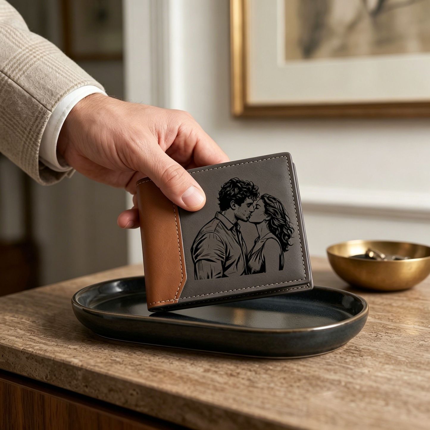 Personalisierte Herren‑Geldbörse mit Foto‑Gravur oder Monogramm zweifarbiges PU‑Leder