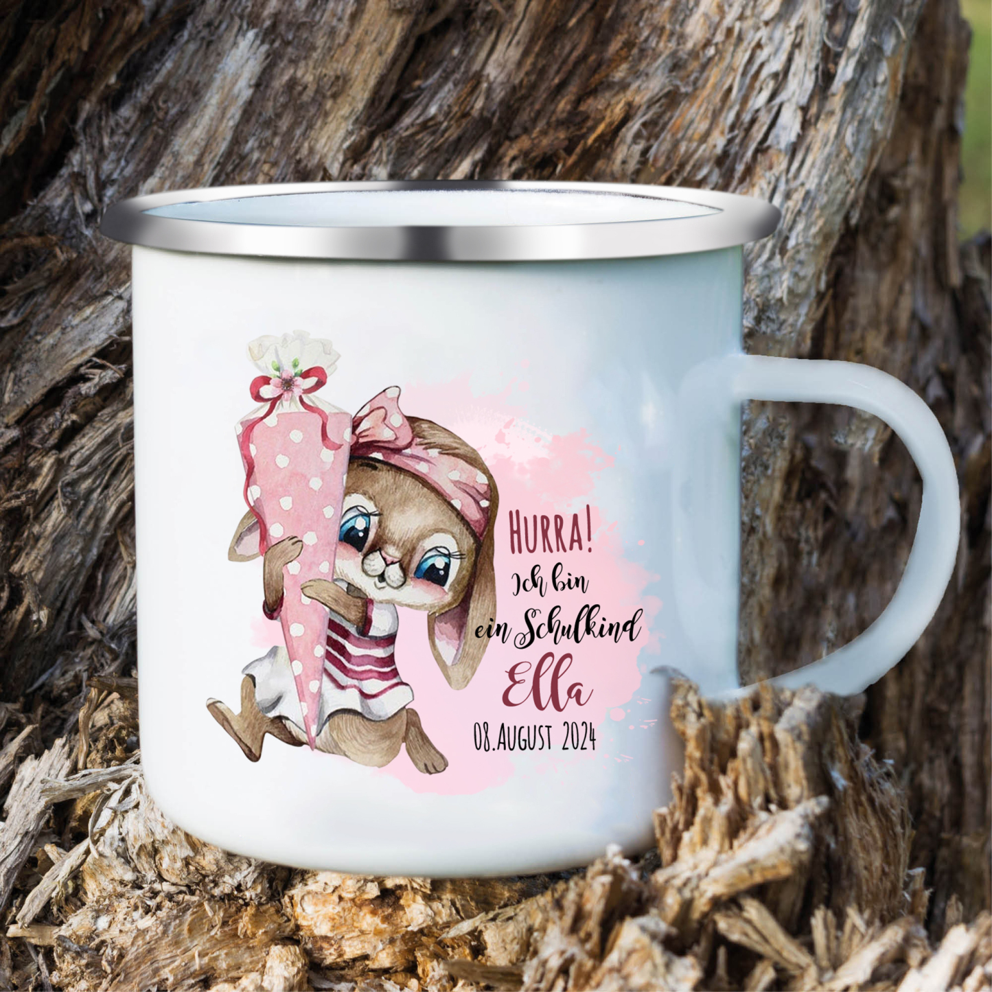 Emaille Tasse-Personalisierter Name & Datum Hase Becher - Hurra ich bin ein Schulkind Ich kann alles schaffen - Geschenk zum Schulanfang