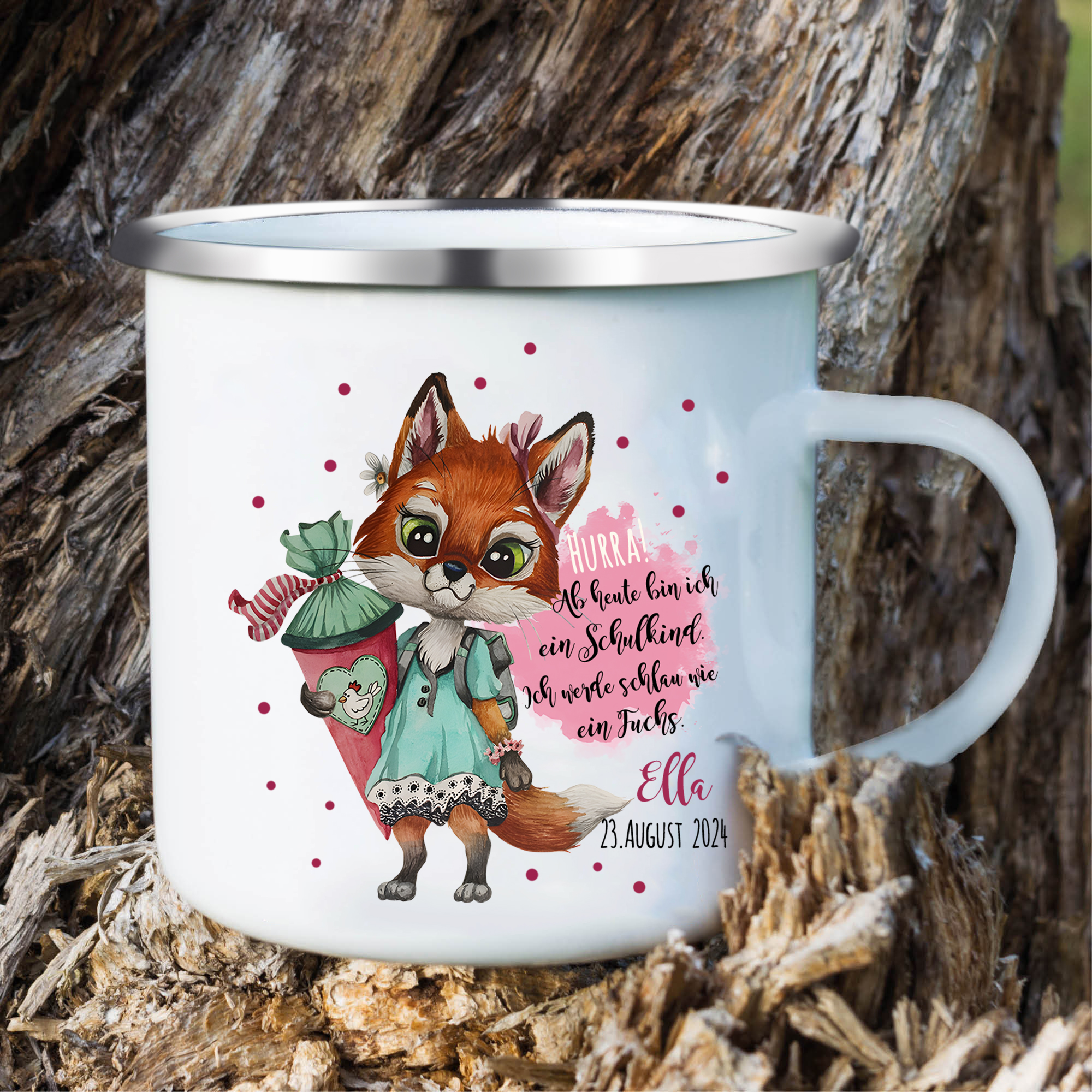 Emaille Tasse-Personalisierter Name & Datum Hase Becher - Hurra ab heute bin ich ein Schulkind Ich werde schau wie ein Fuchs - Geschenk zum Schulanfang