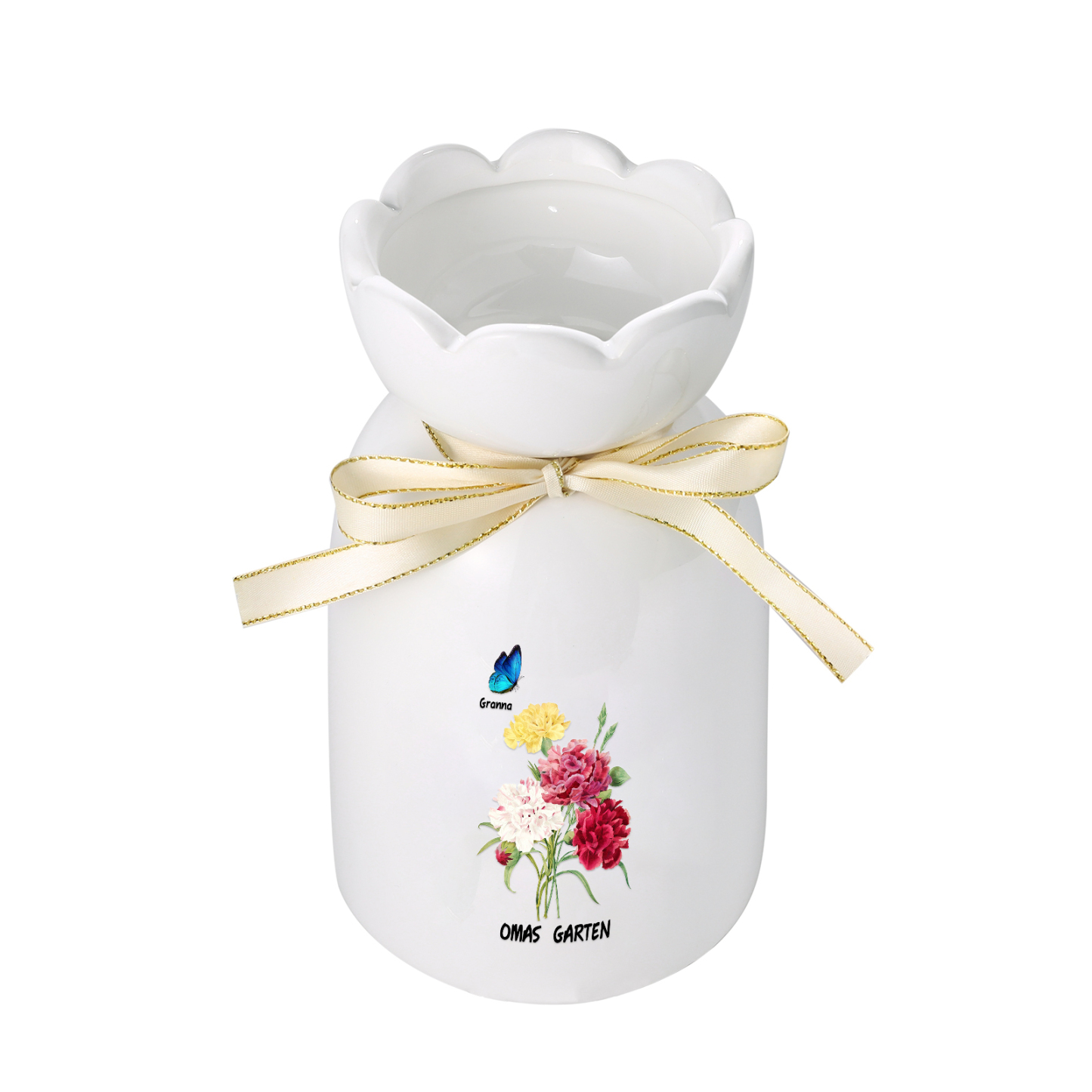Personalisierter 1 Name & Text Blumen & Schmetterling Familie Vase