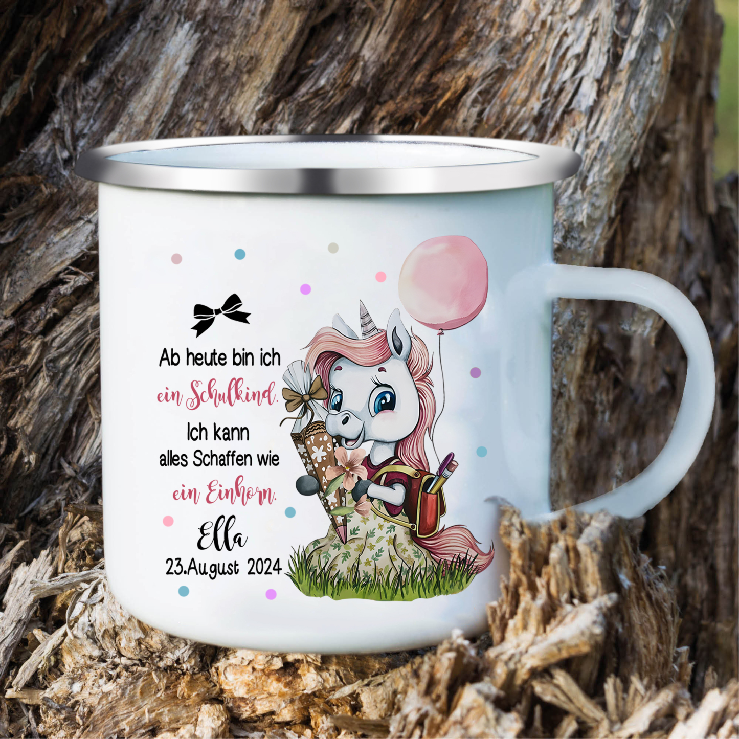 Emaille Tasse-Personalisierter Name & Datum Einhorn Becher - Hurra ab heute bin ich ein Schulkind Ich kann alles schaffen wie ein Einhorn- Geschenk zum Schulanfang