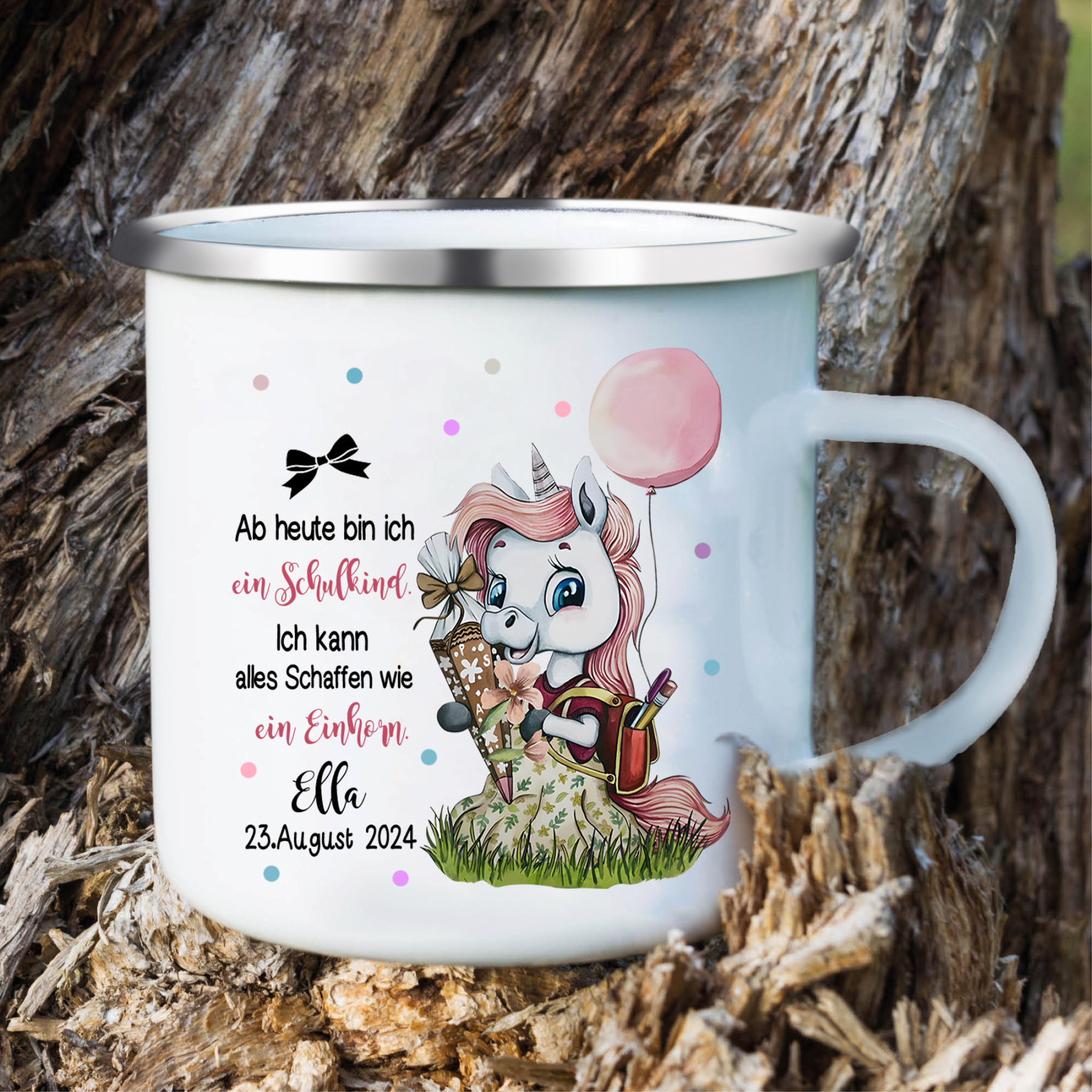 Emaille Tasse-Personalisierter Name & Datum Einhorn Becher - Hurra ab heute bin ich ein Schulkind Ich kann alles schaffen wie ein Einhorn- Geschenk zum Schulanfang