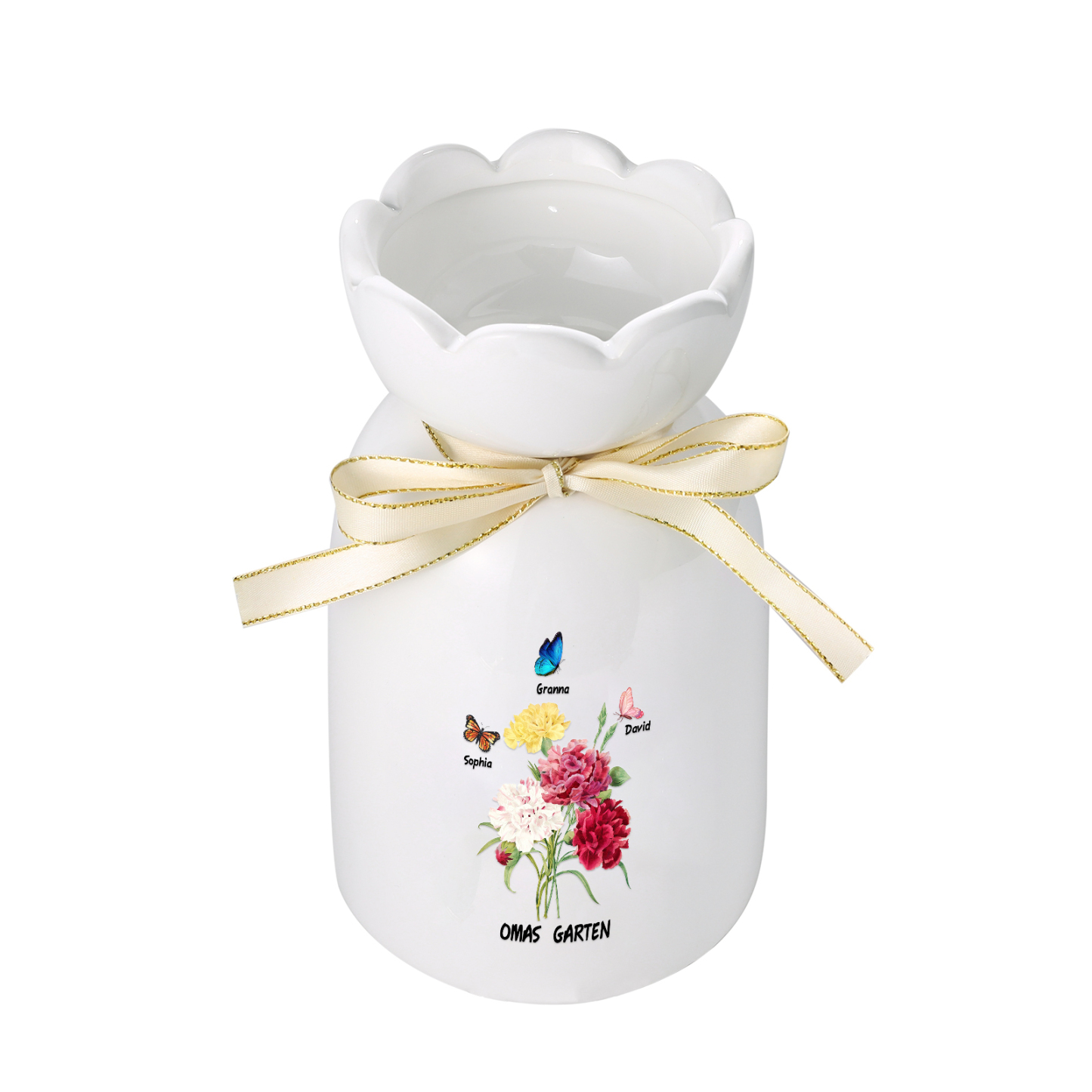 Personalisierte 3 Namen & Text Blumen & Schmetterling Familie Vase Geschenk für Oma Großmutter