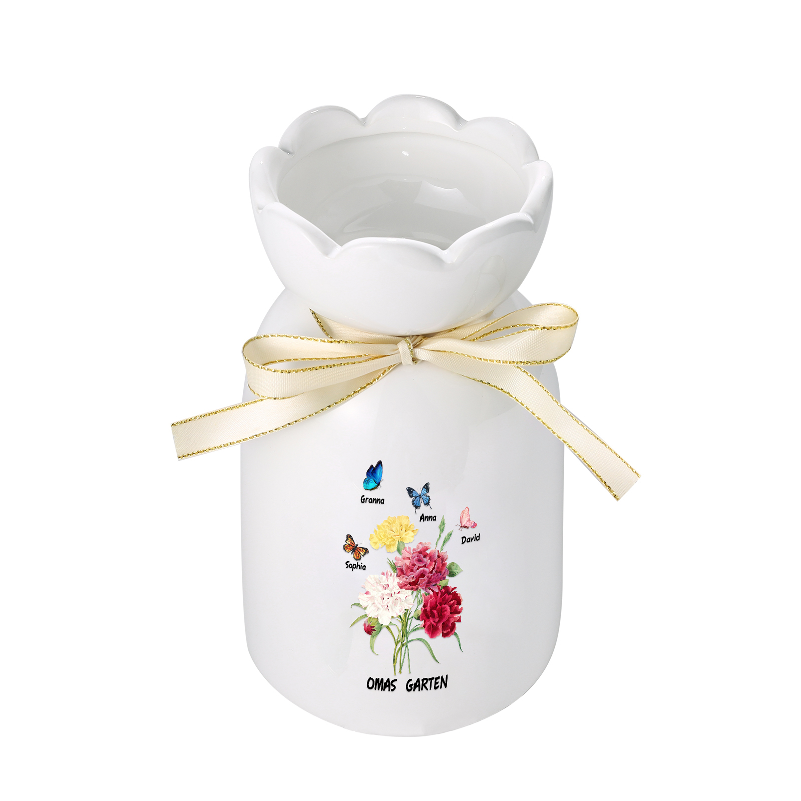 Personalisierte 4 Namen & Text Blumen & Schmetterling Familie Vase Geschenk für Oma Großmutter