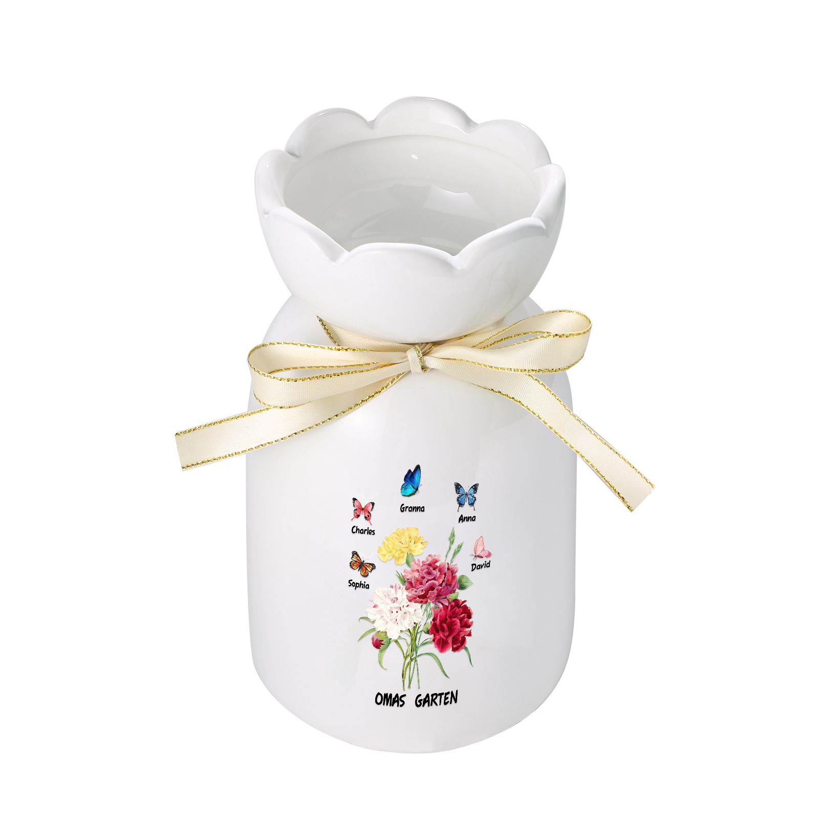 Personalisierte 5 Namen & Text Blumen & Schmetterling Familie Vase Geschenk für Oma Großmutter