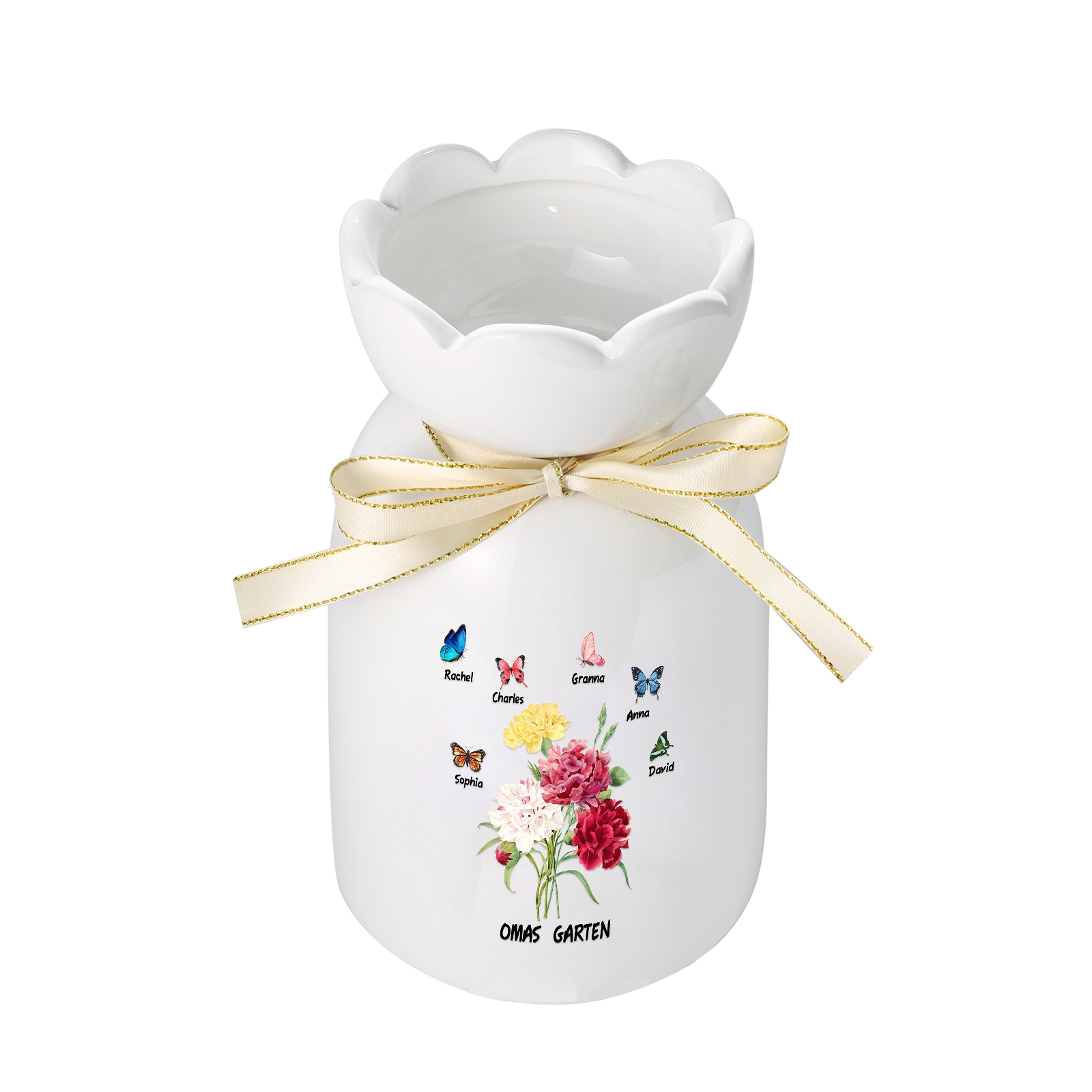 Personalisierte 6 Namen & Text Blumen & Schmetterling Familie Vase Geschenk für Oma Großmutter