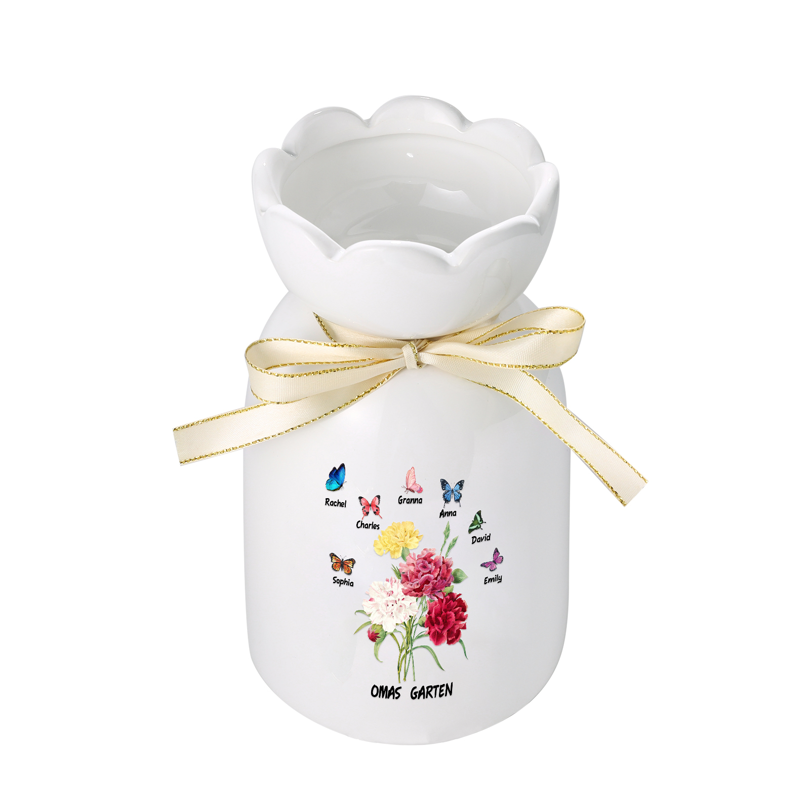 Personalisierte 7 Namen & Text Blumen & Schmetterling Familie Vase Geschenk für Oma Großmutter
