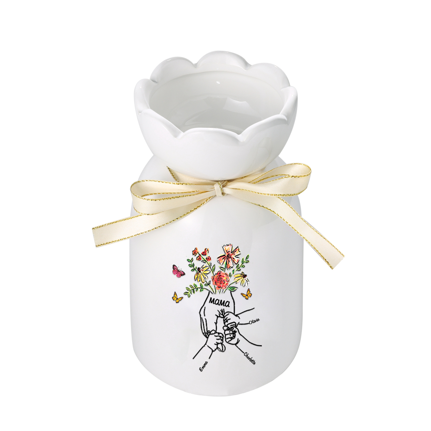 Personalisierte 3 Namen & Text Blumen & Schmetterling Familie Vase Geschenk für Mama/ Oma 