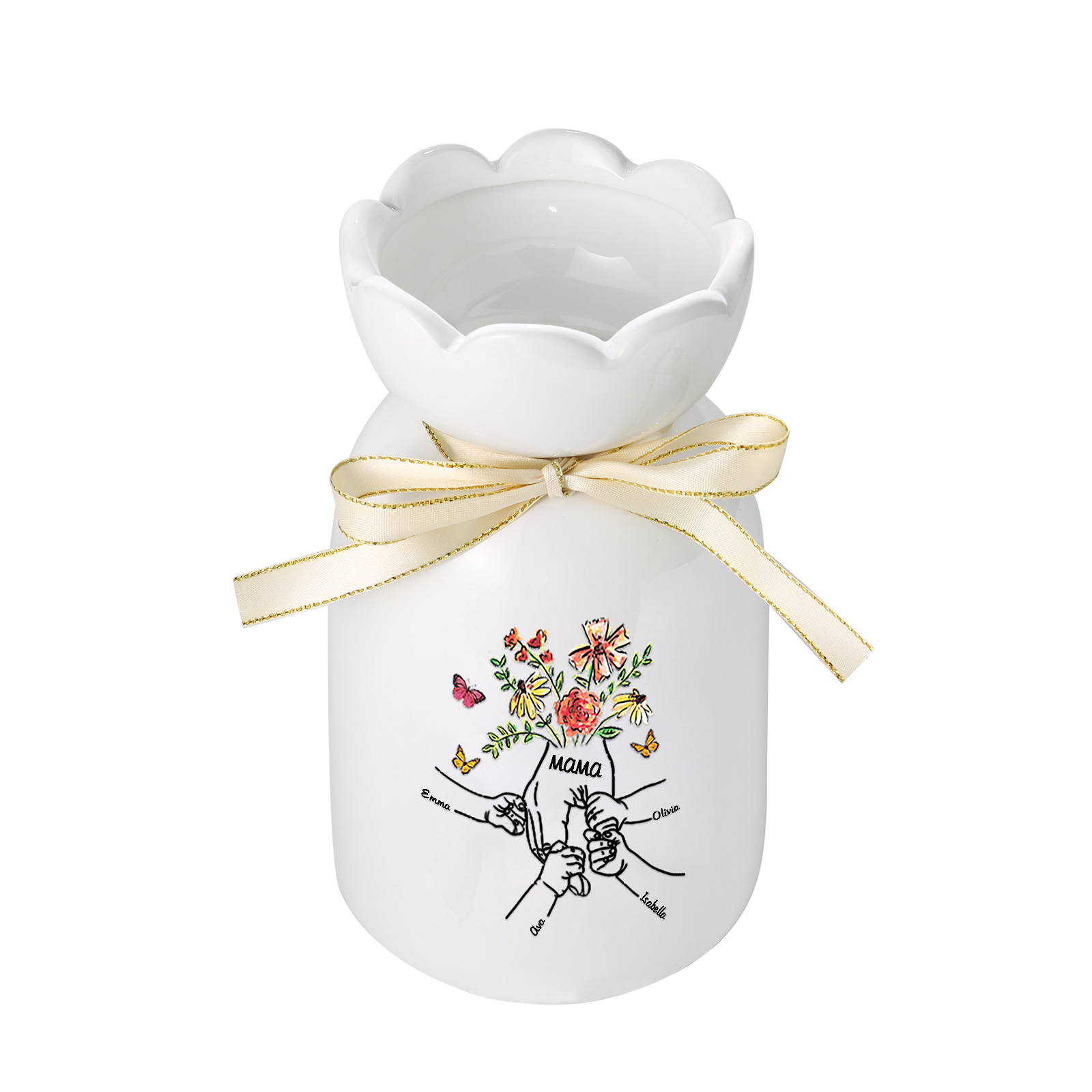 Personalisierte 4 Namen & Text Blumen & Schmetterling Familie Vase Geschenk für Mama/ Oma 