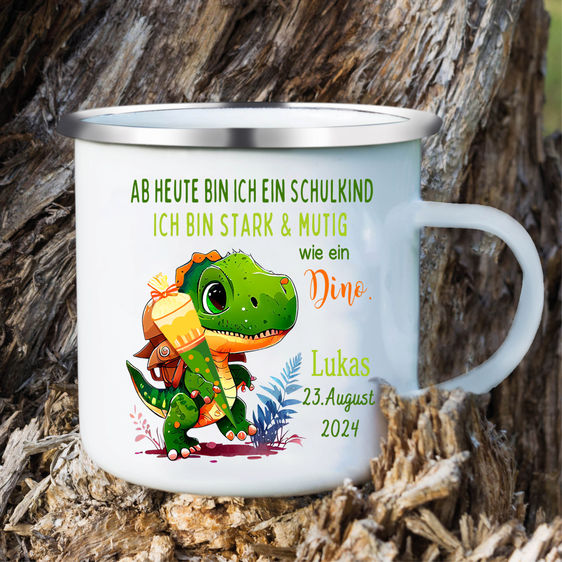 Emaille Tasse-Personalisierter Name & Datum Dino Becher - Ich bin stark & mutig wie ein Dino - Geschenk zum Schulanfang