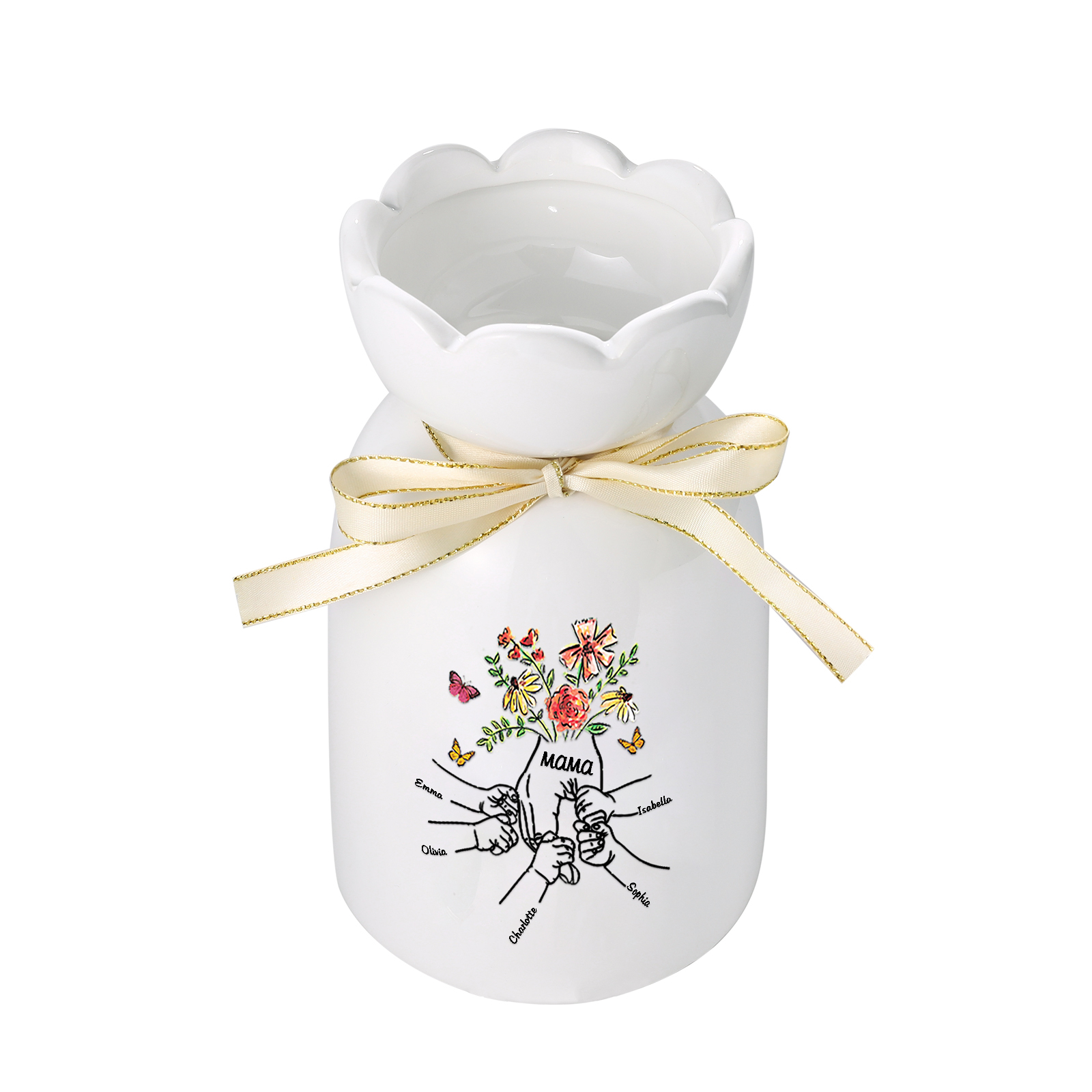 Personalisierte 5 Namen & Text Blumen & Schmetterling Familie Vase Geschenk für Mama/ Oma 