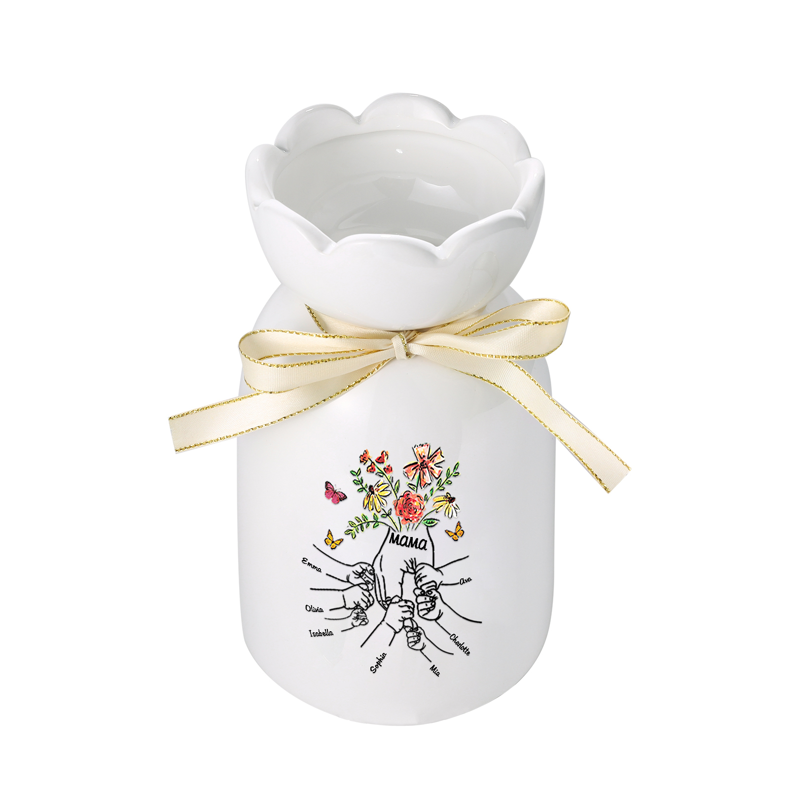 Personalisierte 7 Namen & Text Blumen & Schmetterling Familie Vase Geschenk für Mama/ Oma 