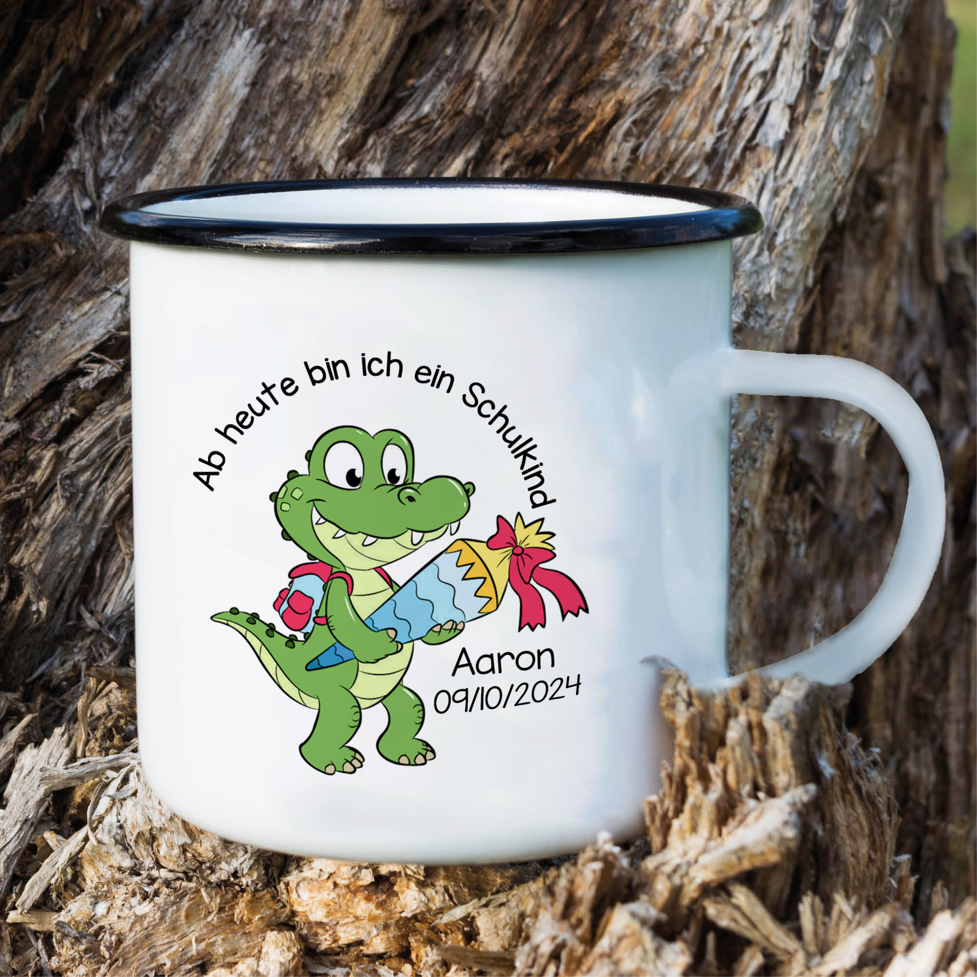 Emaille Tasse-Personalisierter Name & Datum Emaille Becher Schukind Krokodil Ab heute bin ich ein Schulkind Geschenk zum Schulanfang