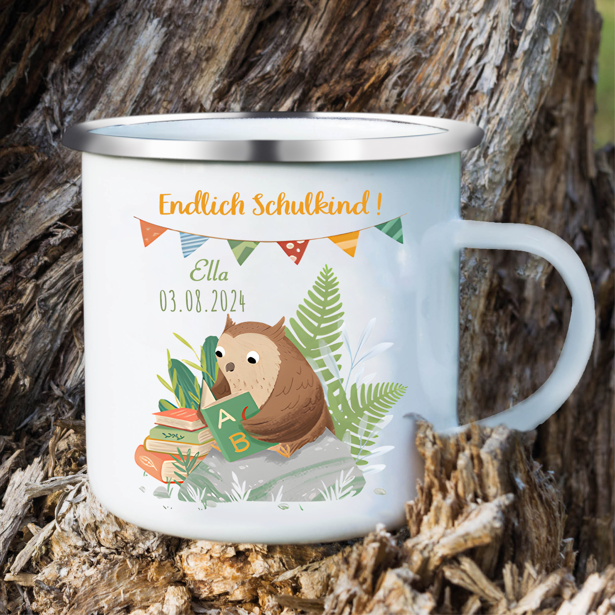 [Copy]Emaille Tasse-Personalisierter Name & Datum Becher - Hurra endlich bin ich ein Schulkind - Geschenk zum Schulanfang