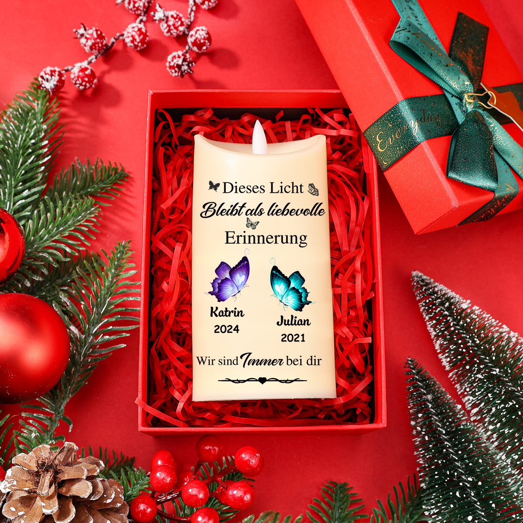 Personalisierte 1-2 Namen & Jahr LED-Kerze -Dieses Licht bleibt als liebevolle Erinnerung - Gedenk-Kerze 