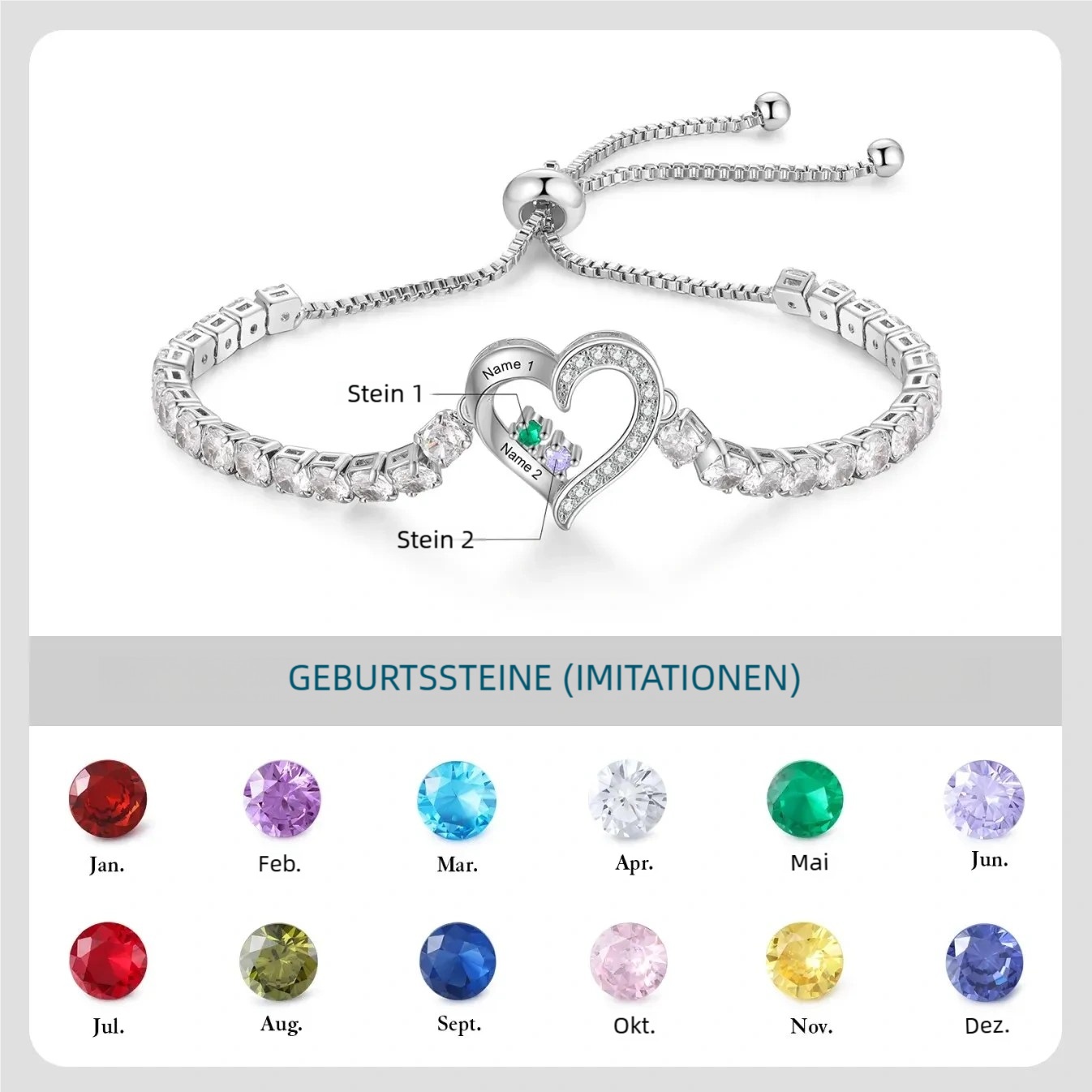 Personalisierbares Tennisarmband mit 2-4 Namen, Herz und Geburtssteinen