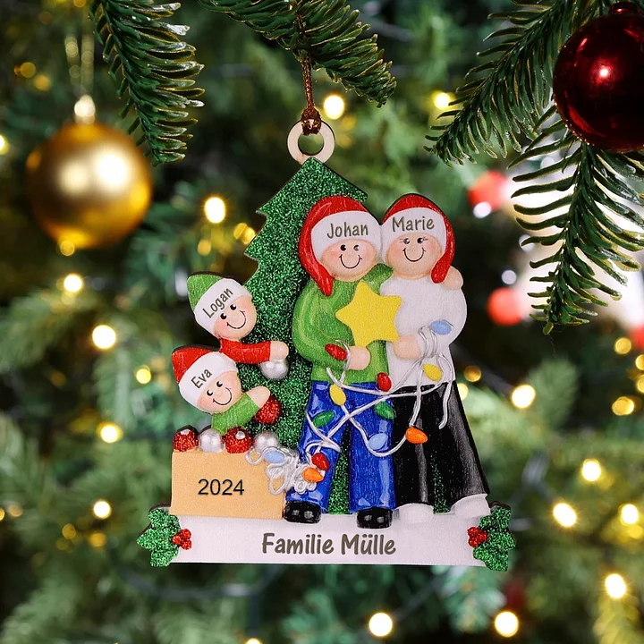 Holz Personalisiertes 4 Namen & Text  & Jahr Weihnachtsornament Weihnachtsbaum Anhänger mit 4 Familienmitgliedern