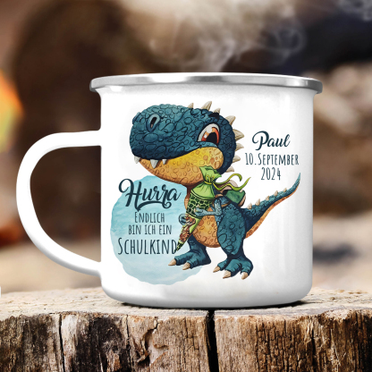 [Copy]Schulanfang Geschenkset -Personalisierter Name & Datum Emaille Tasse & 20 cm Lineal & Dino Armbänder Set - Geschenk für Schulkind mit Geschenk Box
