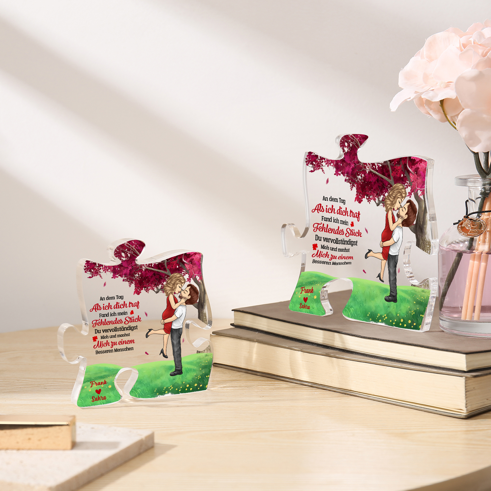  Personalisierte 2 Namen Puzzle Acryl-Deko -An dem Tag, als ich dich traf, fand ich mein fehlendes Stück- Romantische Schreibtischdekoration für Paar