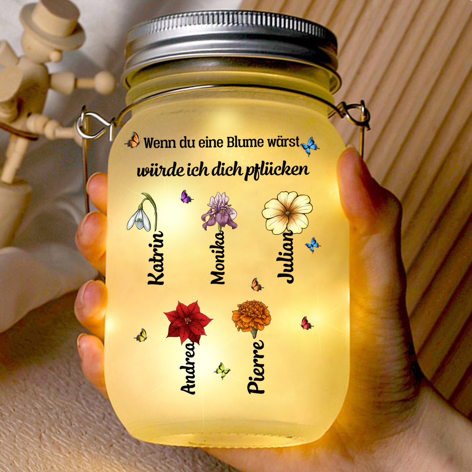 Personalisierte 1-10 Namen & 2 Texte Licht mit Blumen - Wenn du eine Blume wärst, würde ich dich pflücken - Glasflaschen