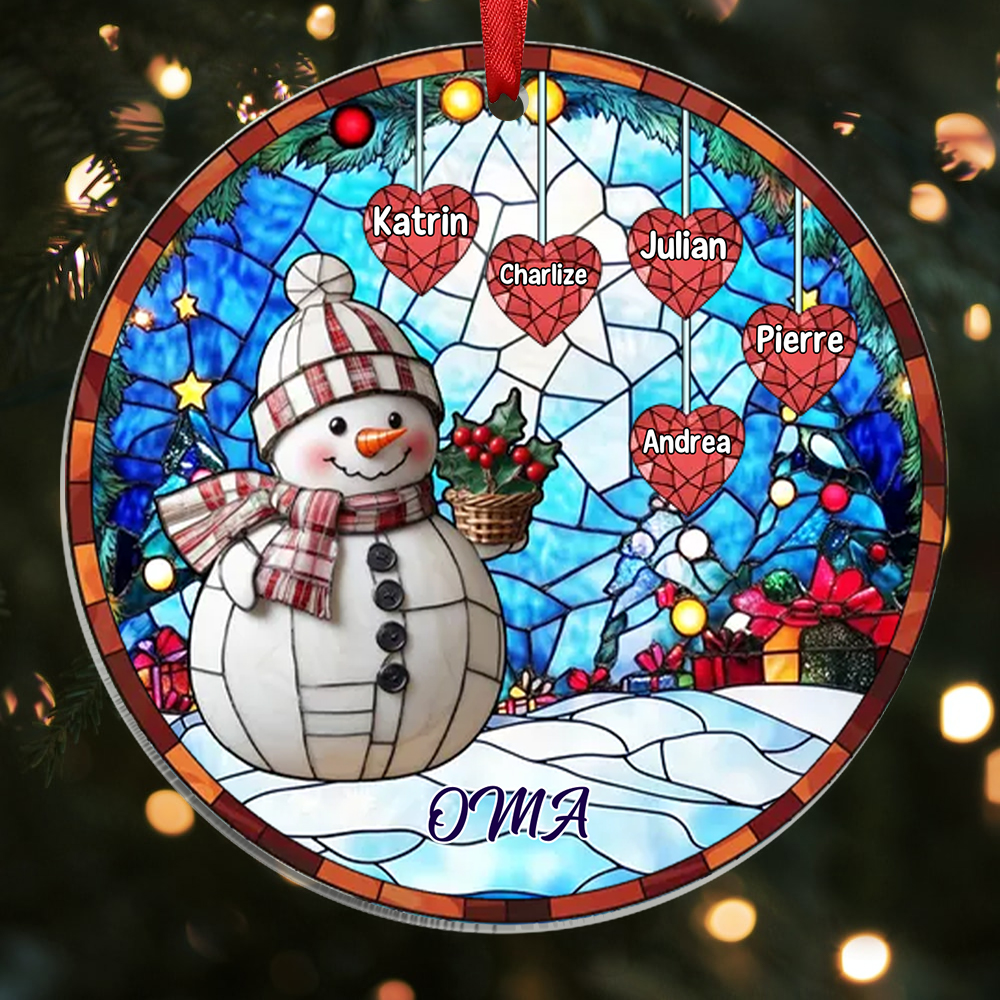 Personalisierte 1-10 Namen Weihnachtsornament Runder Acryl-Anhänger mit Schneemann & Herzen für Oma Großmutter
