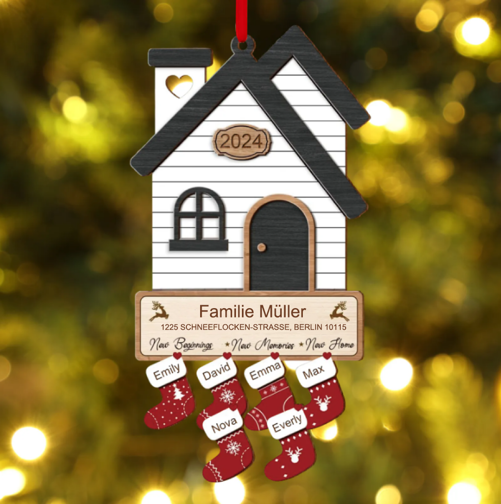 Holz Weihnachtsornament-Personalisierte 2-8 Namen & 2 Texten & Jahr Haus-Weihnachtsanhänger – 4 Farben zur Auswahl