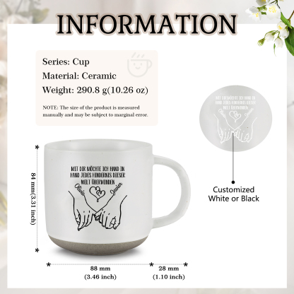 Personalisierte 2 Name & Text Hand-in-Hand Keramik Mark-Tasse mit schwarzer/ weißer Schrift– Einzigartiges Geschenk für Paar