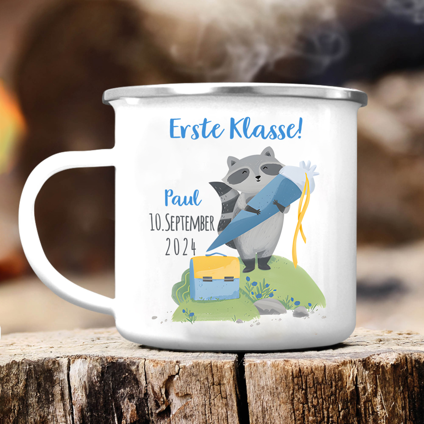 Emaille Tasse-Personalisierter Name & Datum Waschbären Becher -Erste Klasse - Geschenk zum Schulanfang