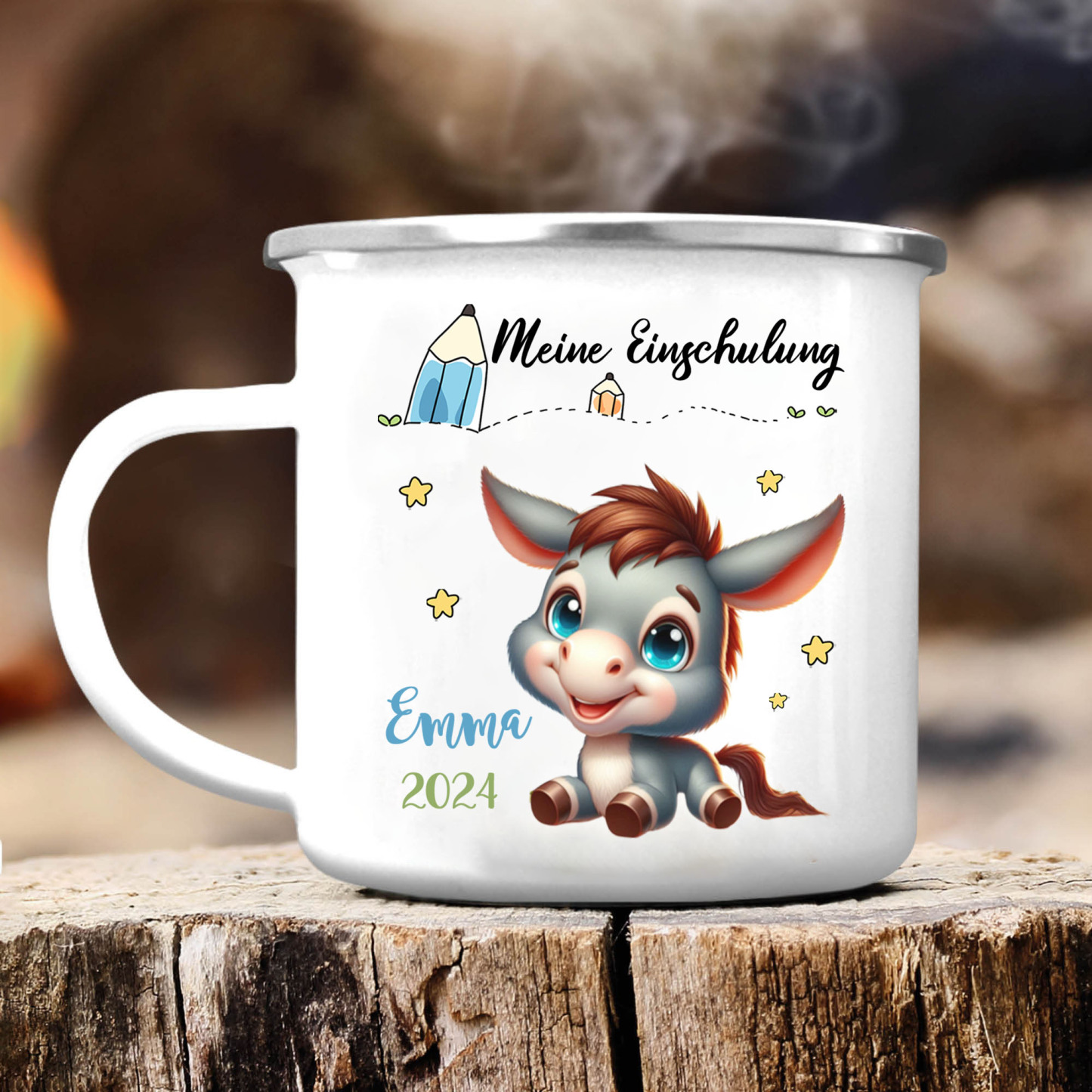 Emaille Tasse-Personalisierter Name & Datum Eselchen Becher -Meine Einschulung- Geschenk zum Schulanfang