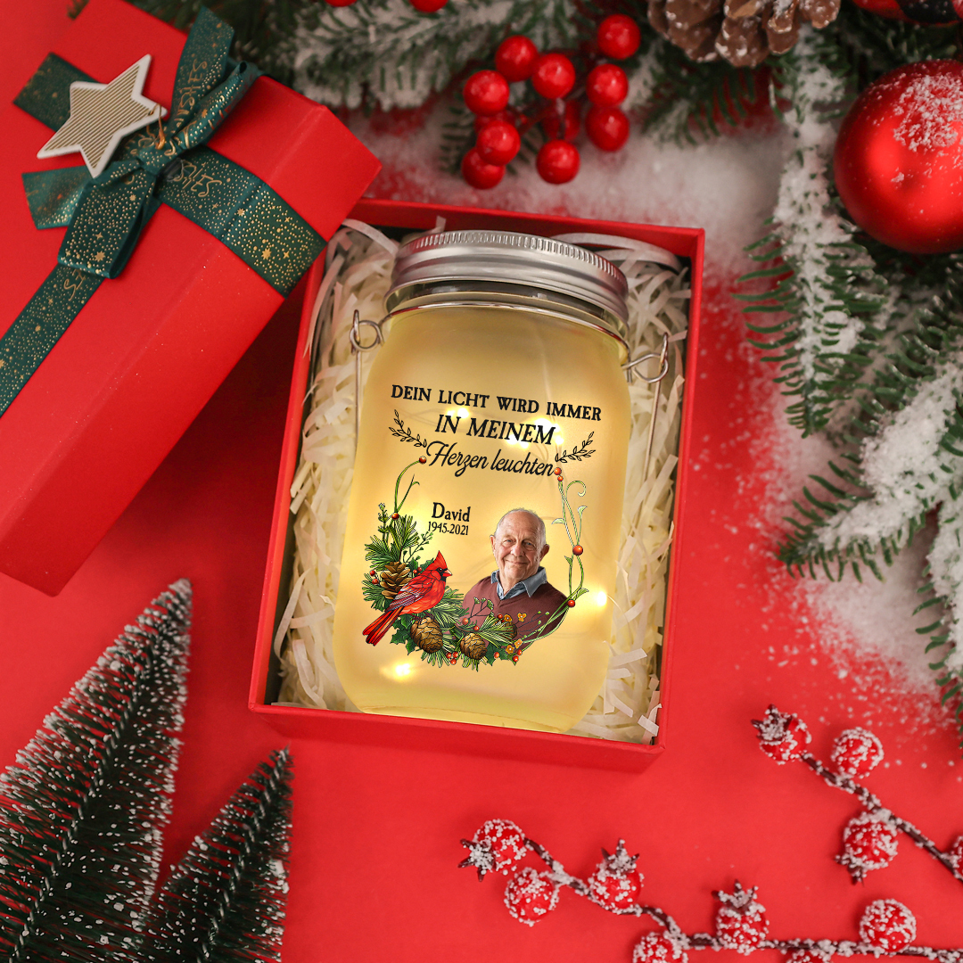 Personalisierter 1 Name & Foto& Datum Licht mit Robin-Dein Licht wird immer in meinem Herzen leuchten-Gedenken Glasflaschen Weihnachten Licht Familie