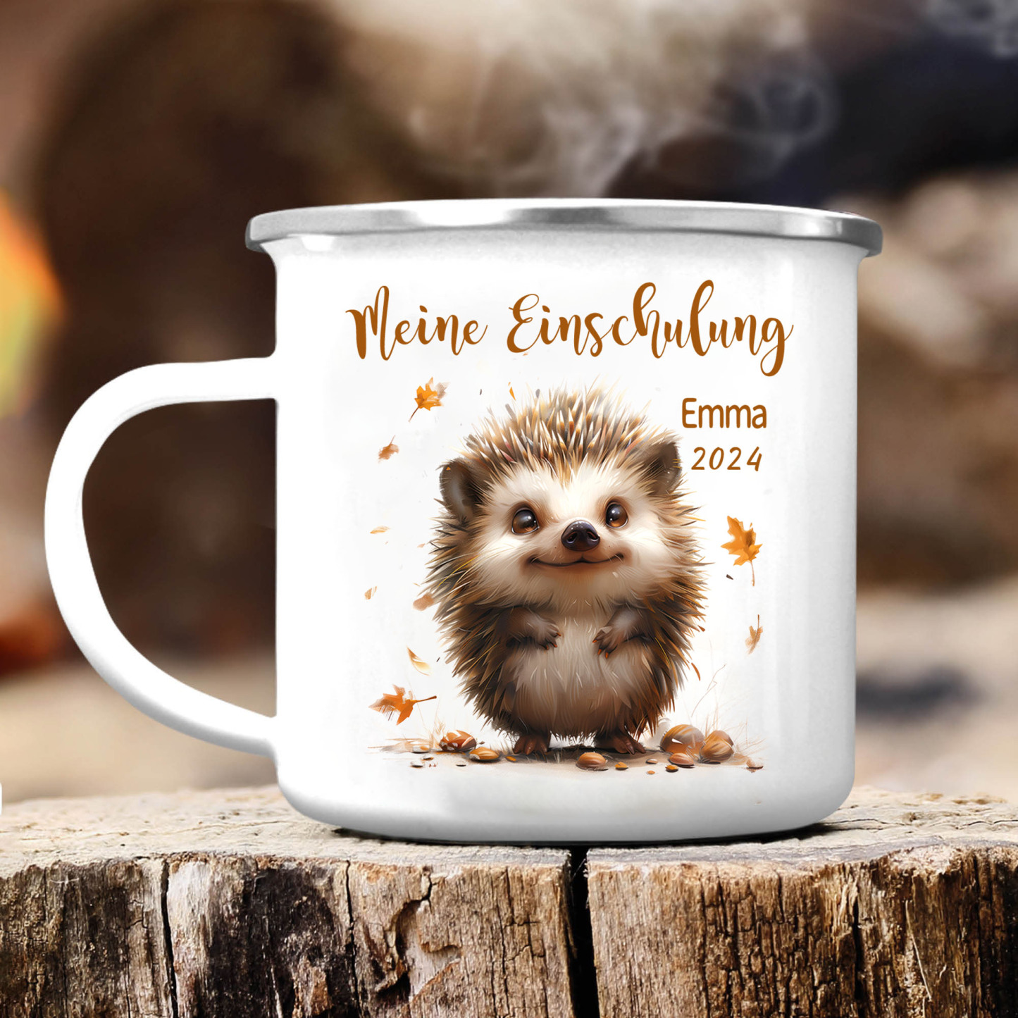 Emaille Tasse-Personalisierter Name & Datum Igel Becher -Meine Einschulung- Geschenk zum Schulanfang