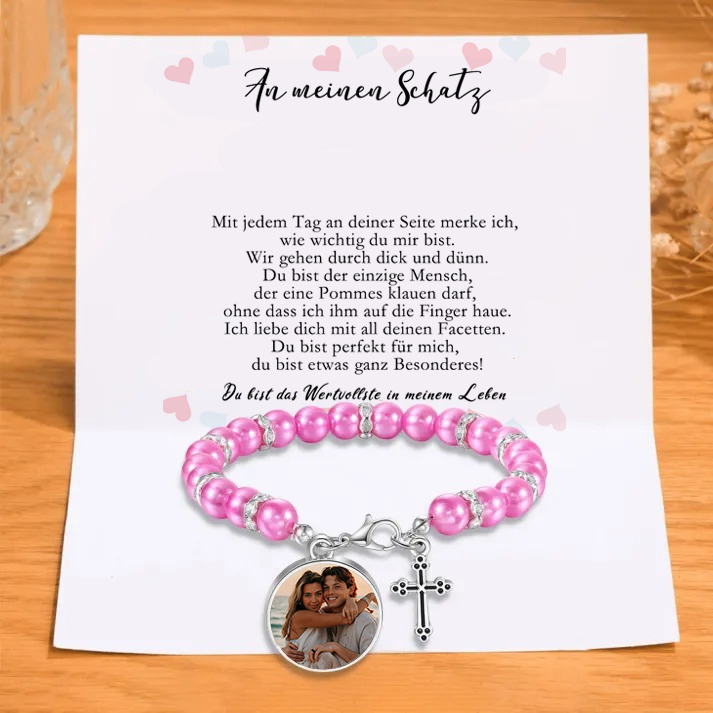 Personalisiertes Foto Armband mit Kreuzanhänger & Geschenkkarte - An meinen Schatz - Schwarz/ Rot/ Weiß/ Lila Perle Armband