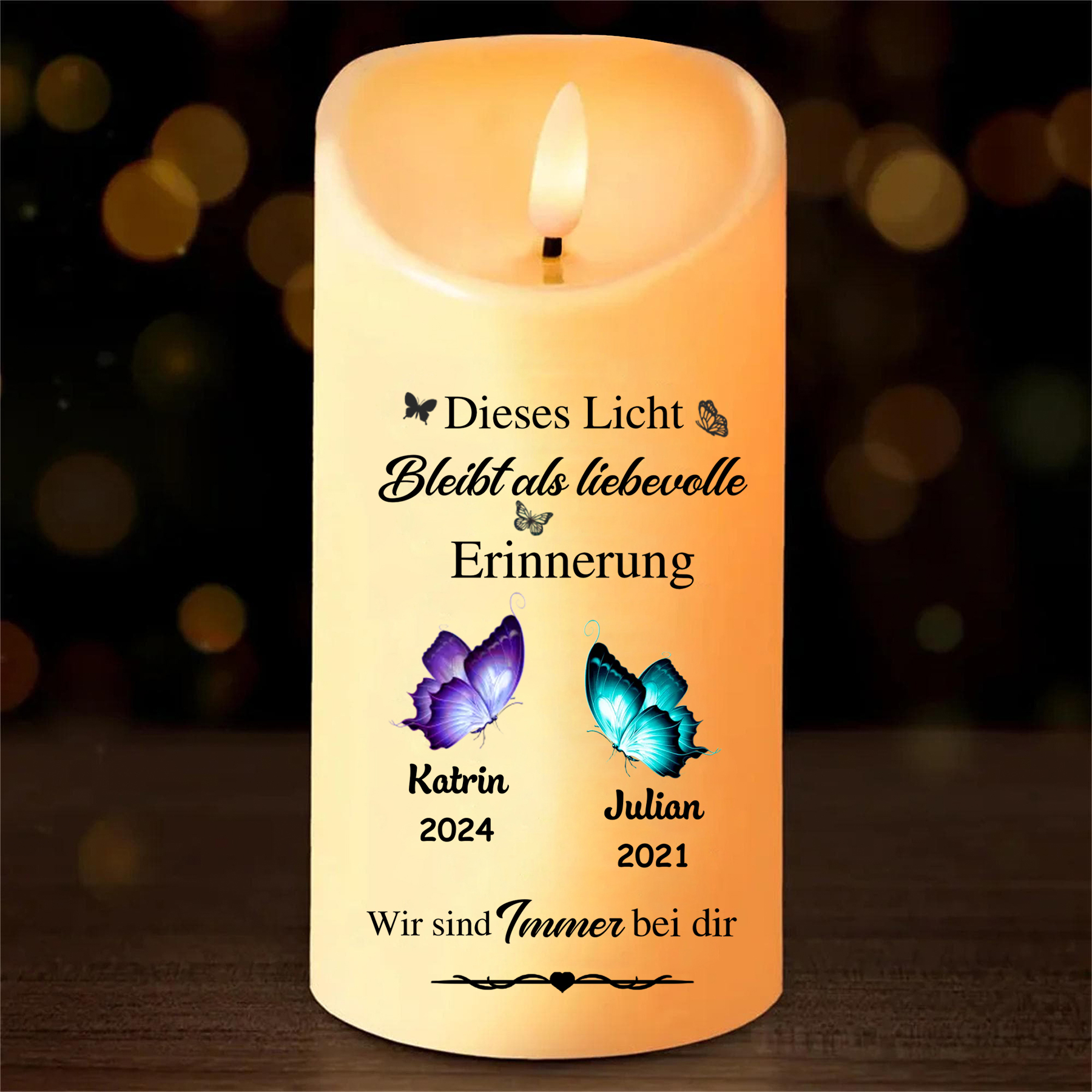 Personalisierte 1-2 Namen & Jahr LED-Kerze -Dieses Licht bleibt als liebevolle Erinnerung - Gedenk-Kerze 