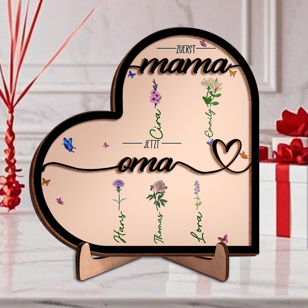Herz-Holz Deko-Personalisierbare 1-10 Namen & Geburtsblume Ornament Zuerst Mama Jetzt Oma Holzdekoration für Mutter/Großmutter
