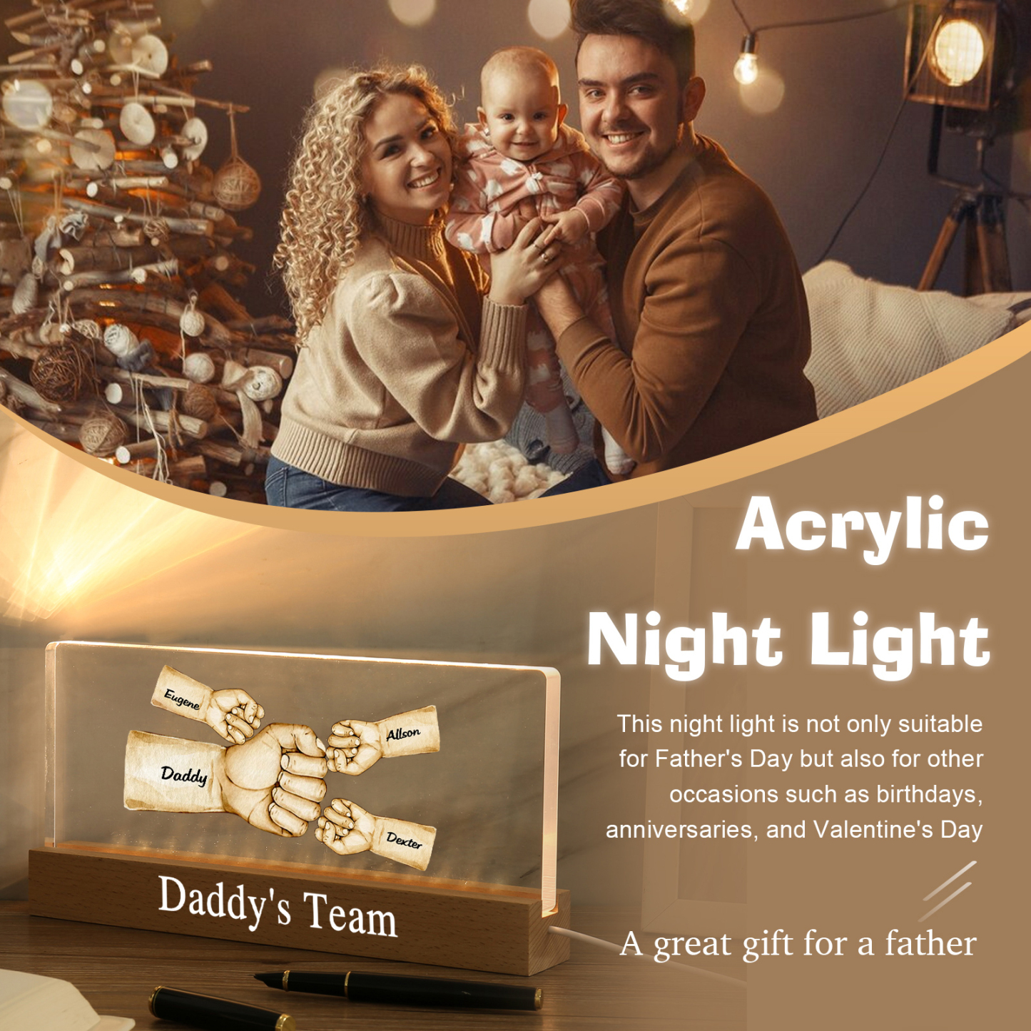 Personalisierte 4 Namen & Text PAPA Faust Nachtlicht Geschenk für Vater