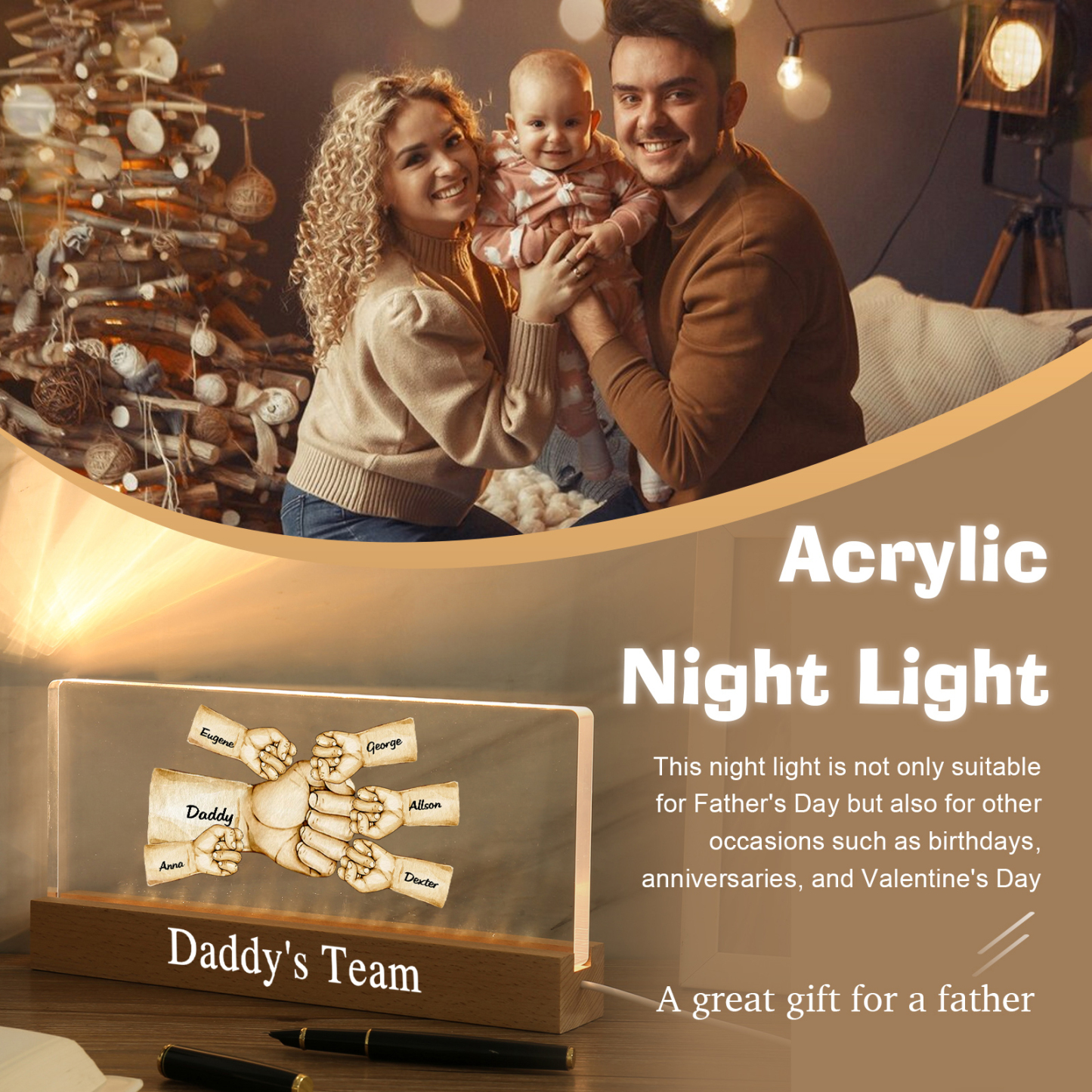 Personalisierte 6 Namen & Text PAPA Faust Nachtlicht Geschenk für Vater