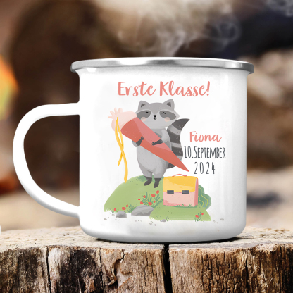 Emaille Tasse-Personalisierter Name & Datum Waschbären Becher -Erste Klasse - Geschenk zum Schulanfang