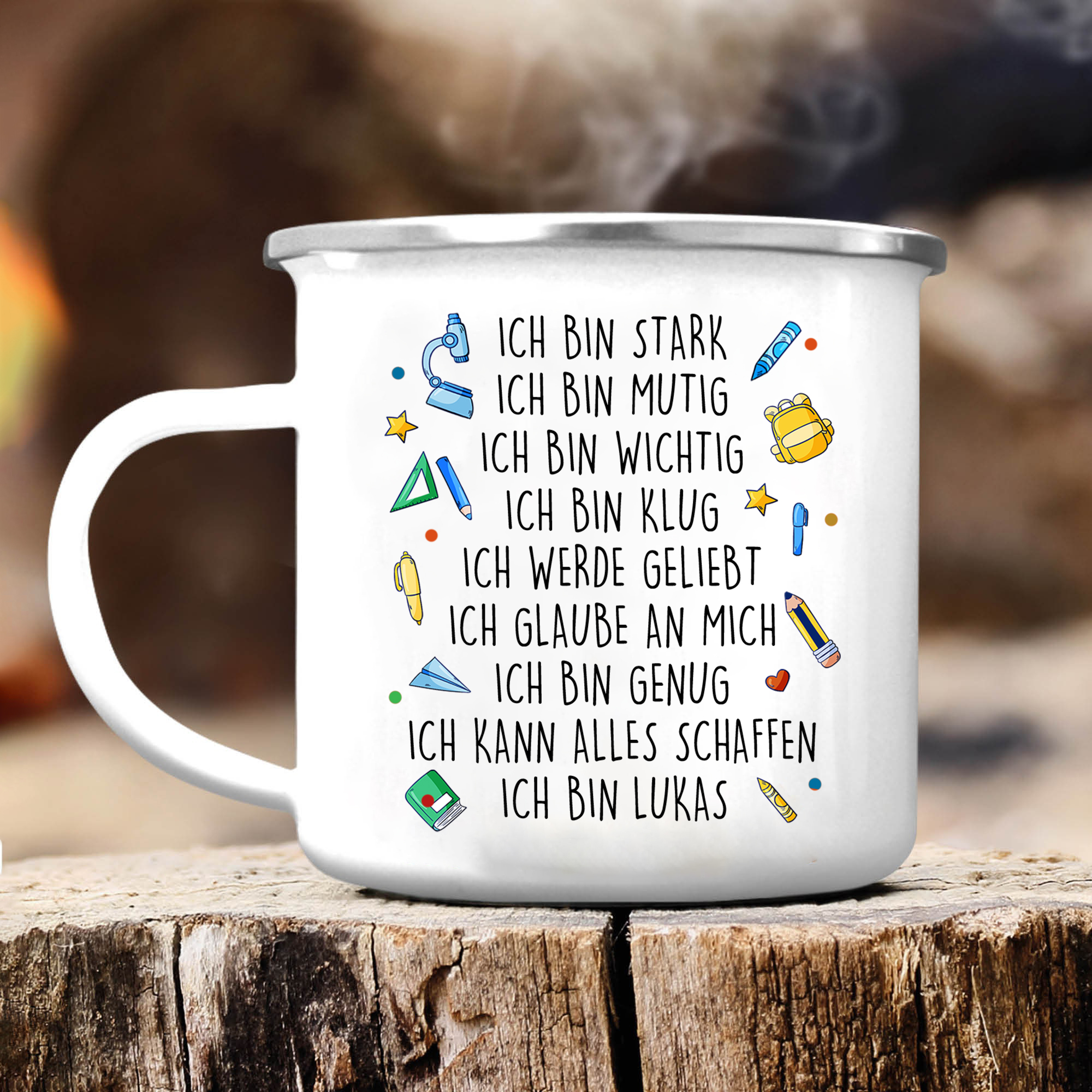 Emaille Tasse-Personalisierter Name & Datum Tiger Becher - Hurra ich bin ein Schulkind Ich kann alles schaffen - Geschenk zum Schulanfang