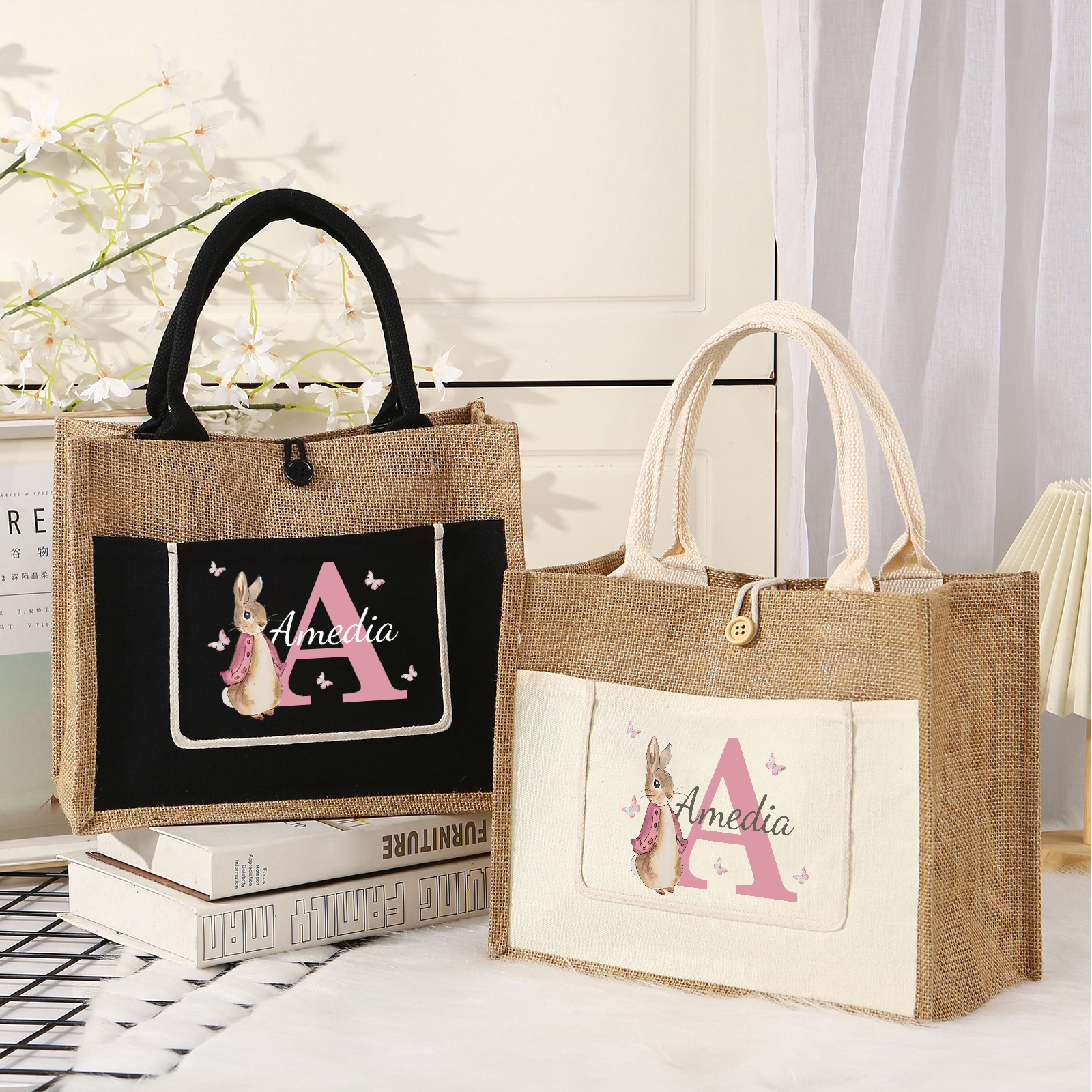 Personalisierbarer Name & Buchstabe Ostern Leinen Hase Tasche