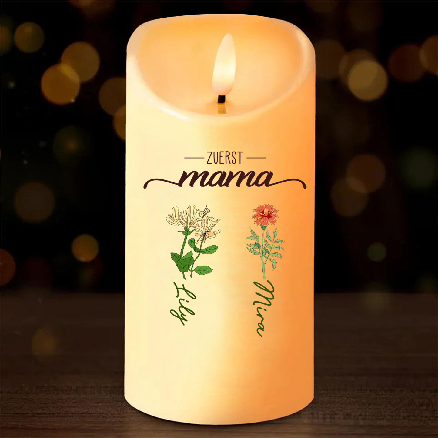Personalisierbarer Name & Blume LED-Gedenk-Kerze – Zuerst Mama, Jetzt Oma