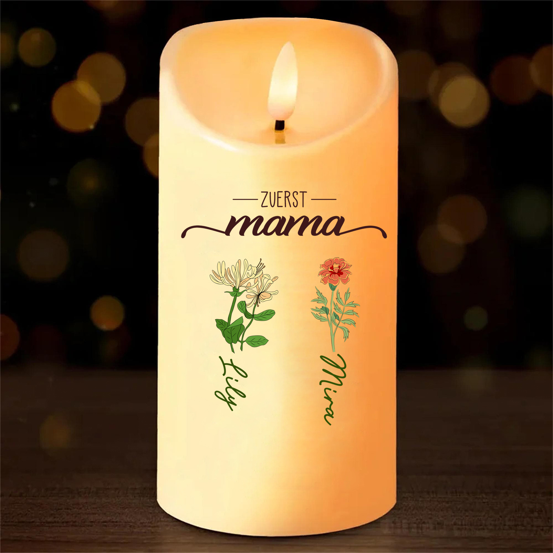 Personalisierbarer Name & Blume LED-Gedenk-Kerze – Zuerst Mama, Jetzt Oma