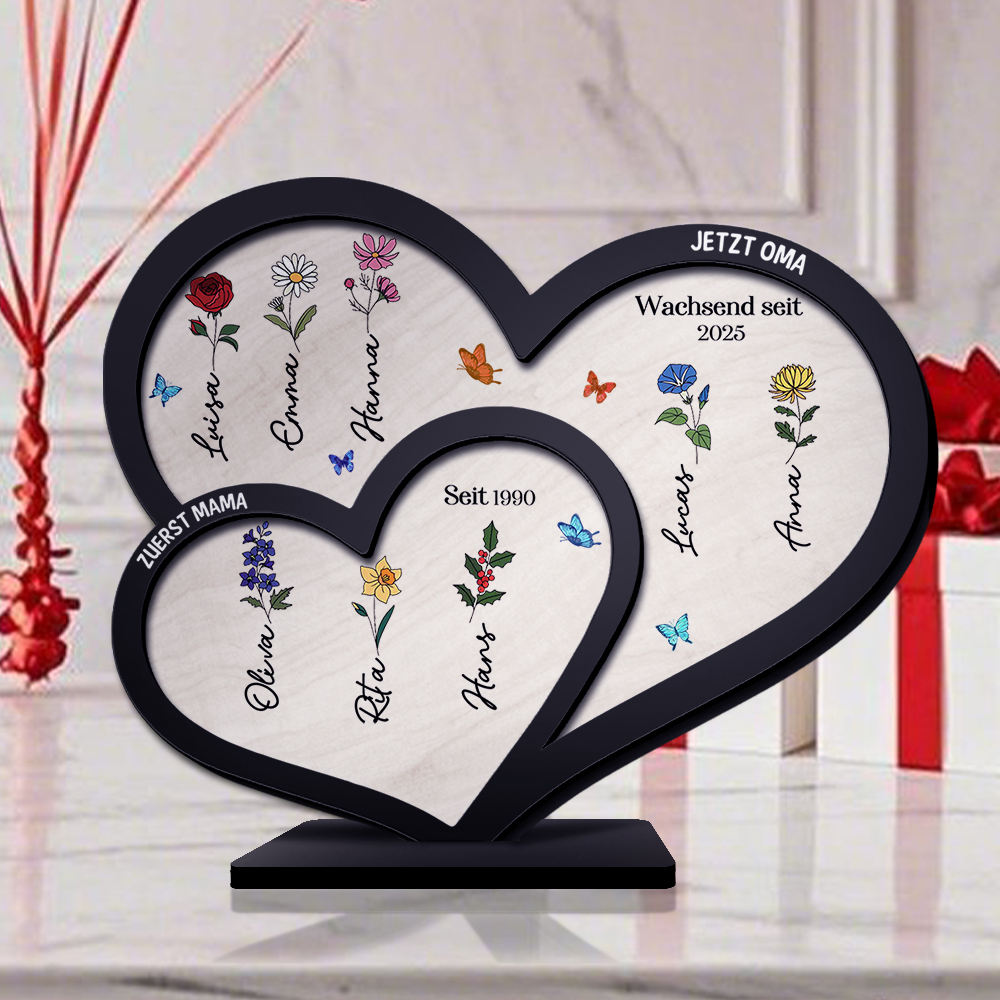Doppelherz Holzbild-Personalisierte Namen & Geburtsblume, zuerst Mama, Jetzt Oma-Geschenk zum Muttertag