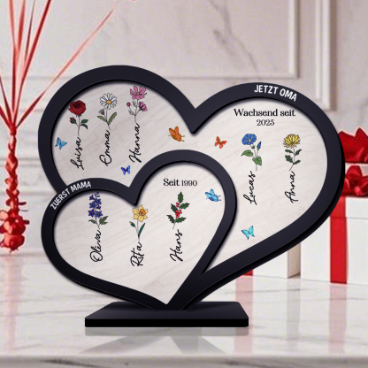 Doppelherz Holzbild-Personalisierte Namen & Geburtsblume, zuerst Mama, Jetzt Oma-Geschenk zum Muttertag