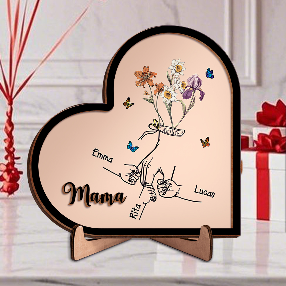 Herz Holzbild-Personalisierte 1-10 Namen & Geburtsblume-Geschenk zum Muttertag