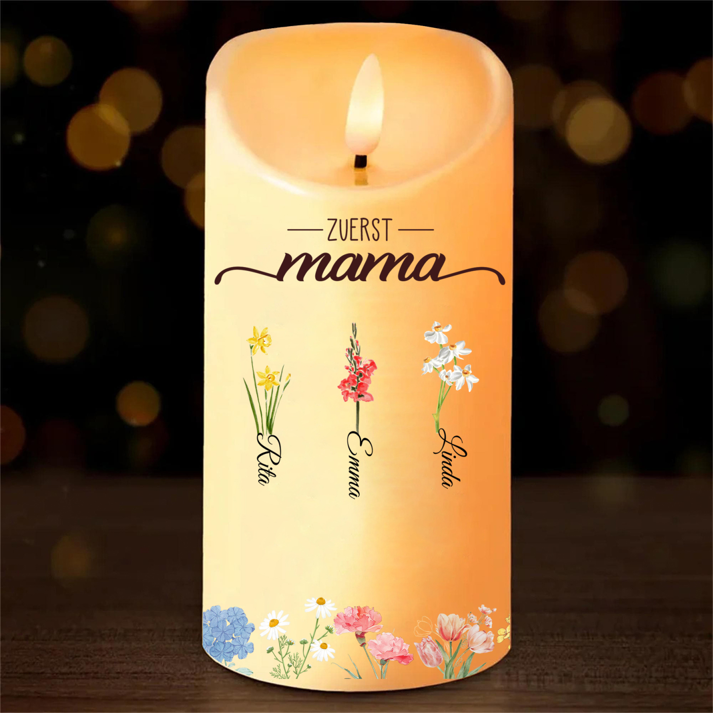 Personalisierbarer Name & Blume LED-Gedenk-Kerze – Zuerst Mama, Jetzt Oma