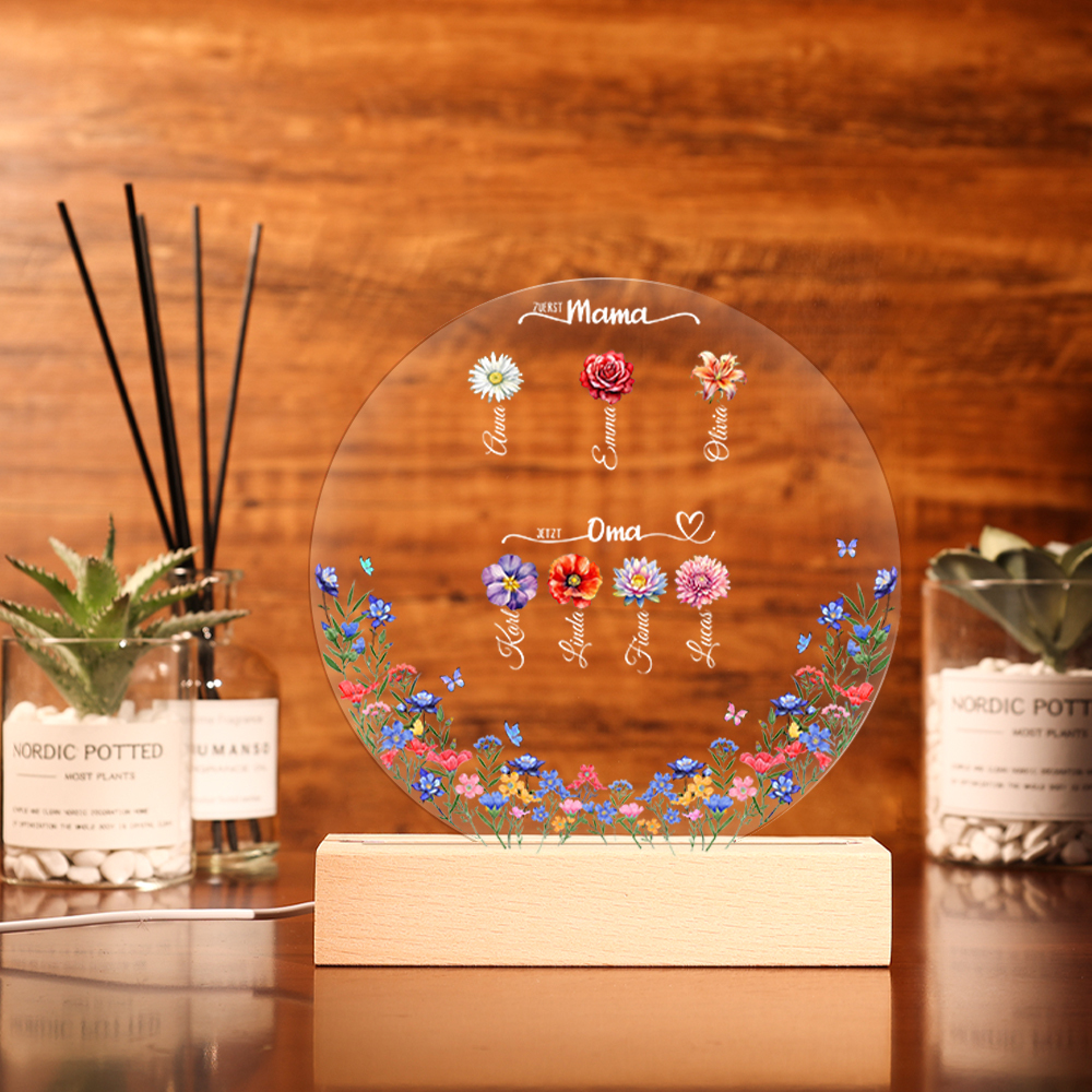 Personalisierte 1-8 Namen & Geburtsblumen Rund Nachtlicht-Zuerst Mama, Jetzt Oma-Geschenk für Großmutter zum Muttertag