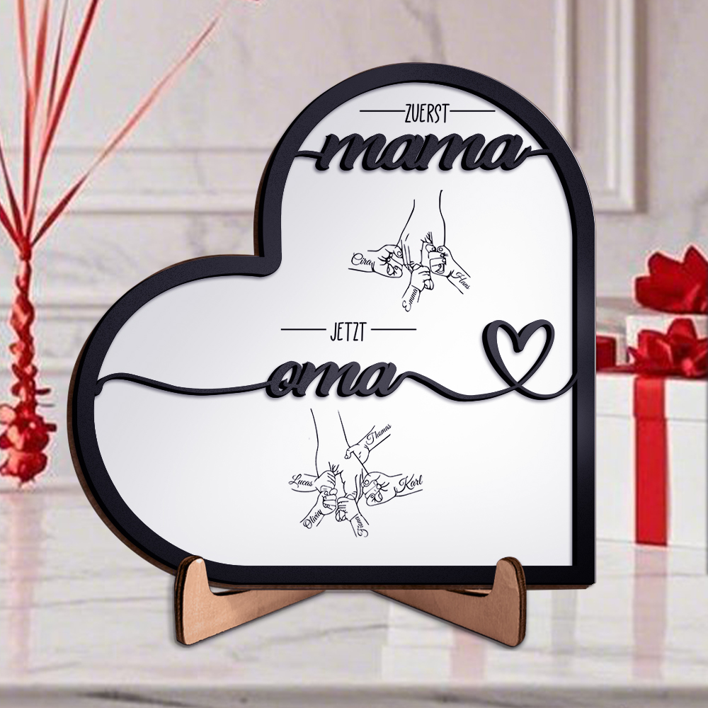 Herz Holzbild-Personalisierte 1-6 Namen & Hand in Hand-Zuerst Mama, Jetzt Oma-Geschenk zum Muttertag für Mama/Oma