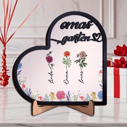 Herz Holzbild-Personalisierte 1-7 Namen & Geburtsblumen -Omas Garten-Geschenk zum Muttertag für Mama/Oma