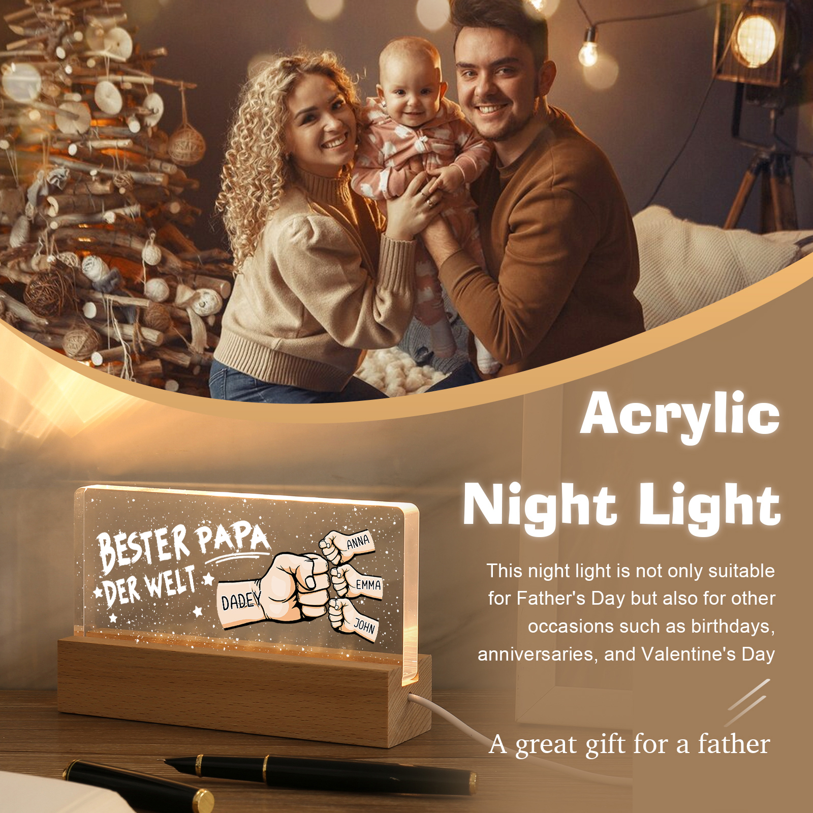 Personalisierte 4 Namen PAPA Faust Nachtlicht Geschenk für Vater-Bester Papa der Welt